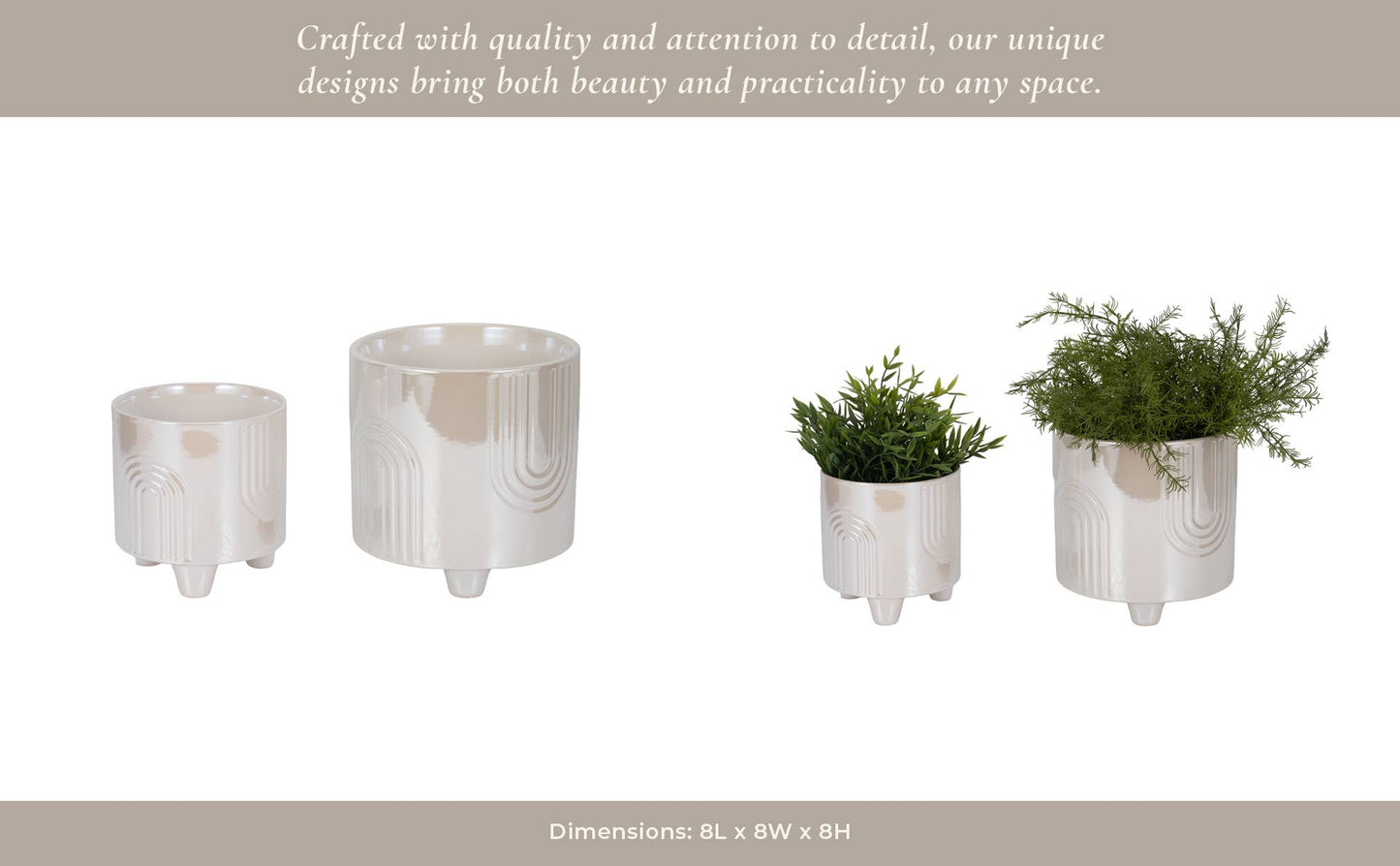 Planter Set of 2 - Ivory Ceramic Bravais Footed, 6/8 in.