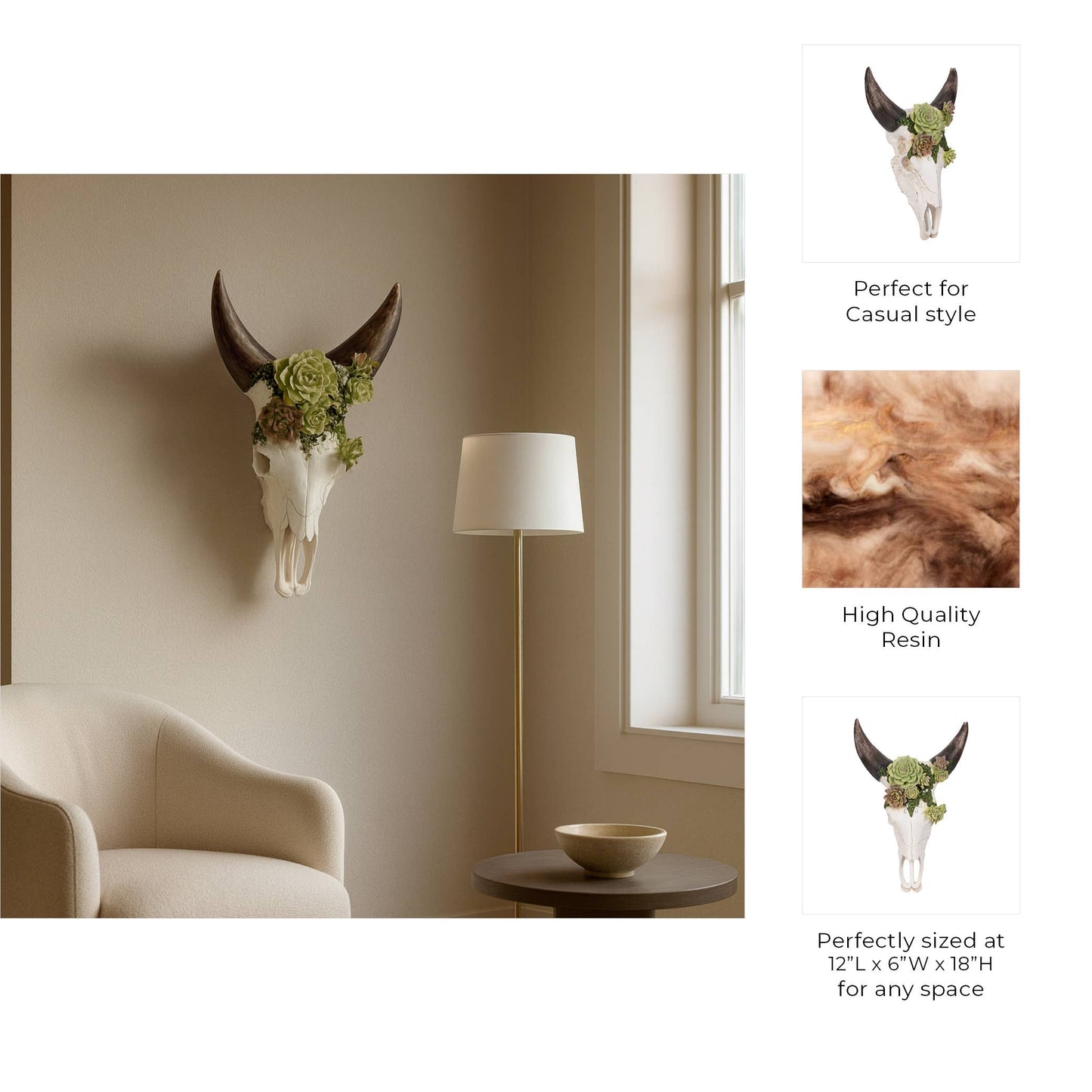 Resin Bull Skull with Flower Wall Sculpture - Ivory, 18 in.