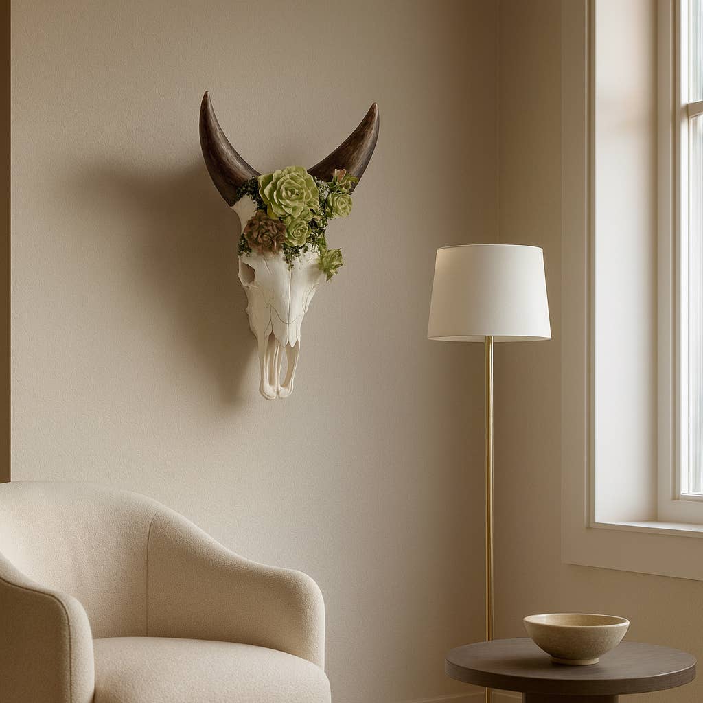 Resin Bull Skull with Flower Wall Sculpture - Ivory, 18 in.