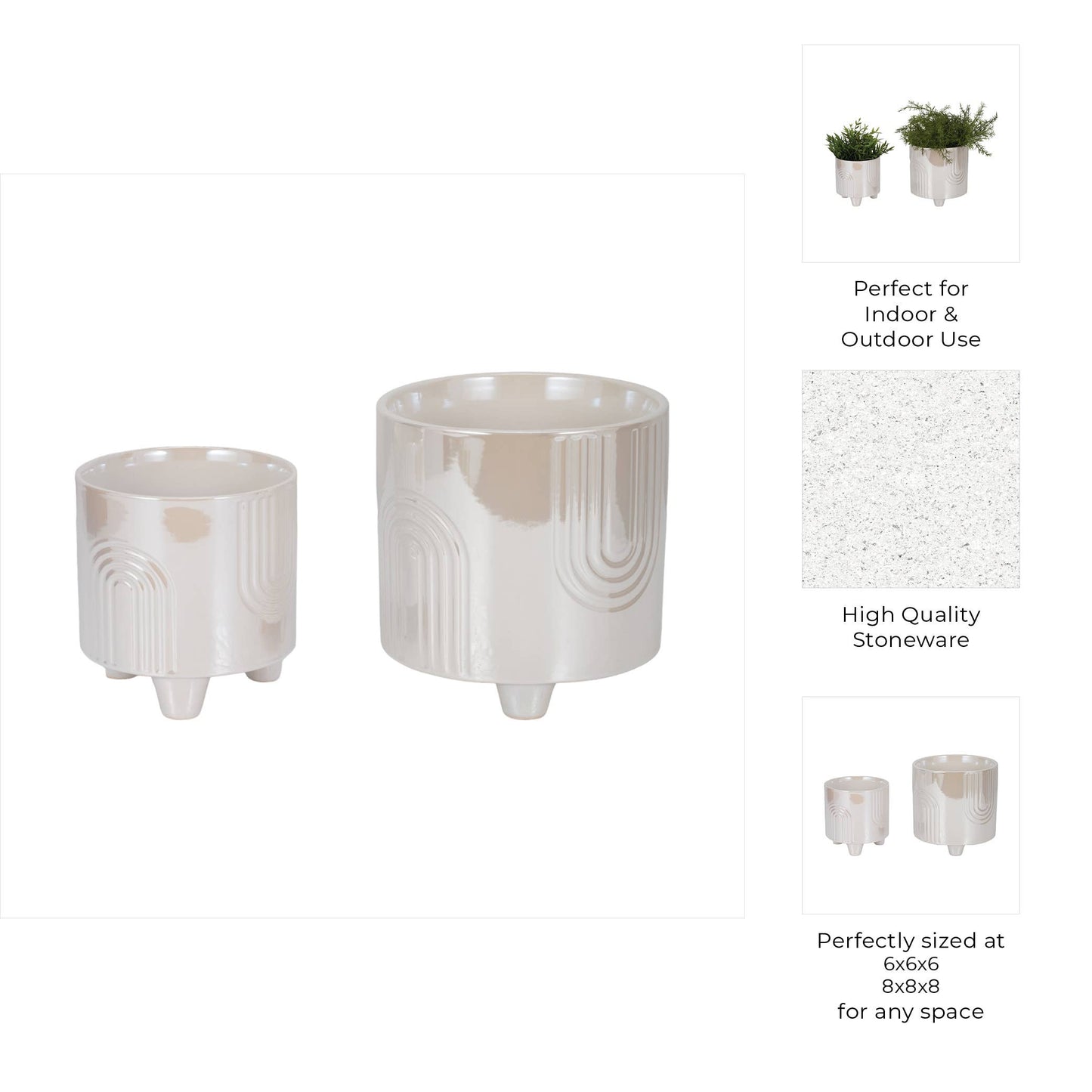 Planter Set of 2 - Ivory Ceramic Bravais Footed, 6/8 in.