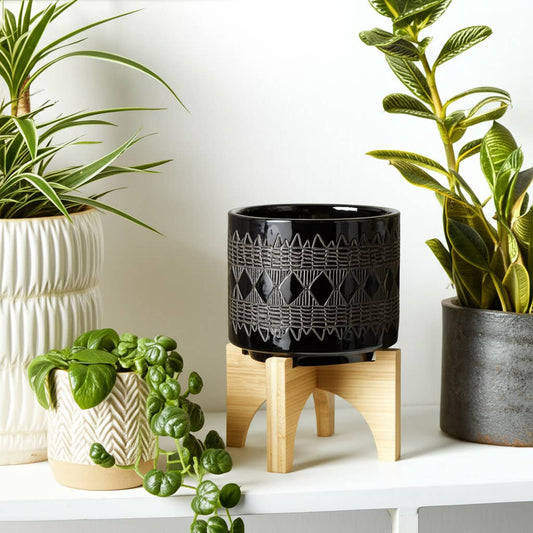 Ceramic Aztec Planter Pot on Wooden Stand - Black, 5 in.