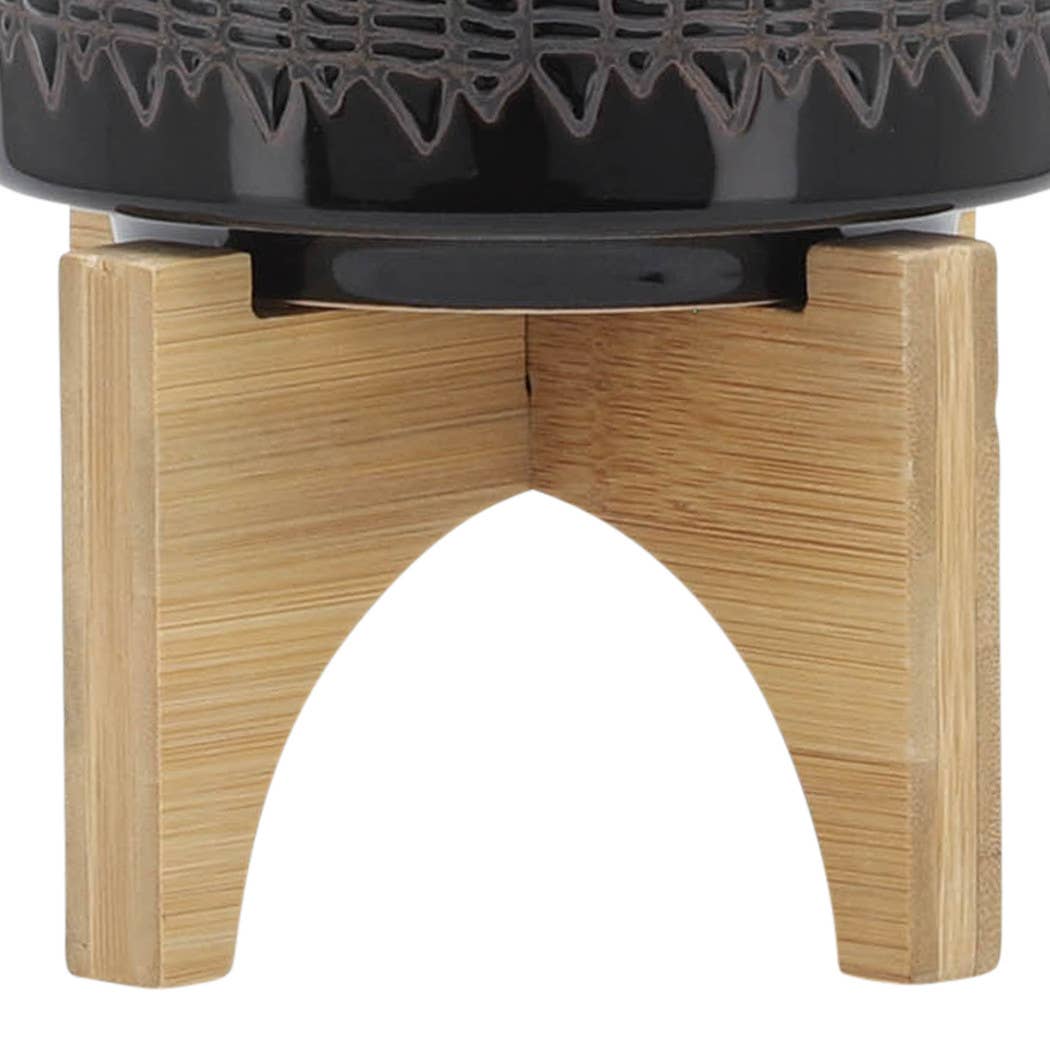 Ceramic Aztec Planter Pot on Wooden Stand - Black, 5 in.
