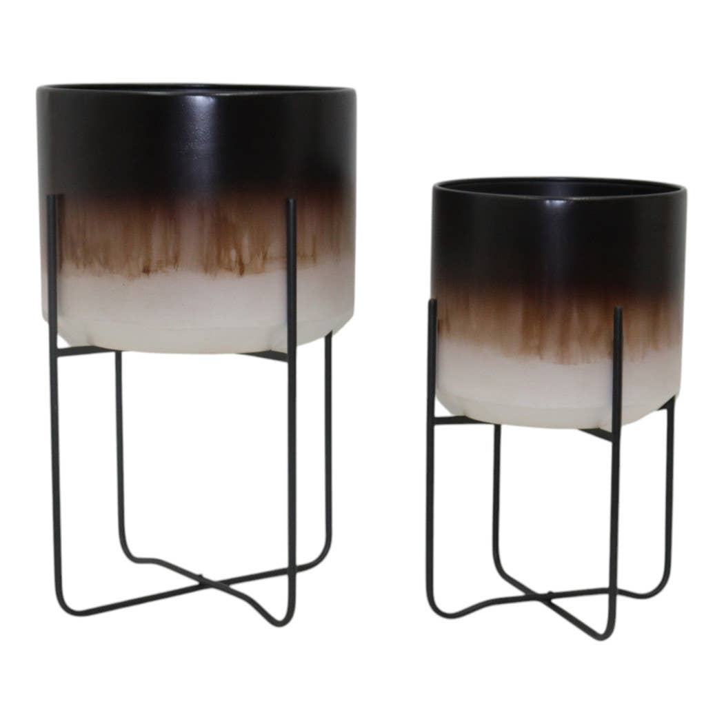 Metal Ombre Stand Planter Pot Set of 2 - Brown, 11/15 in.