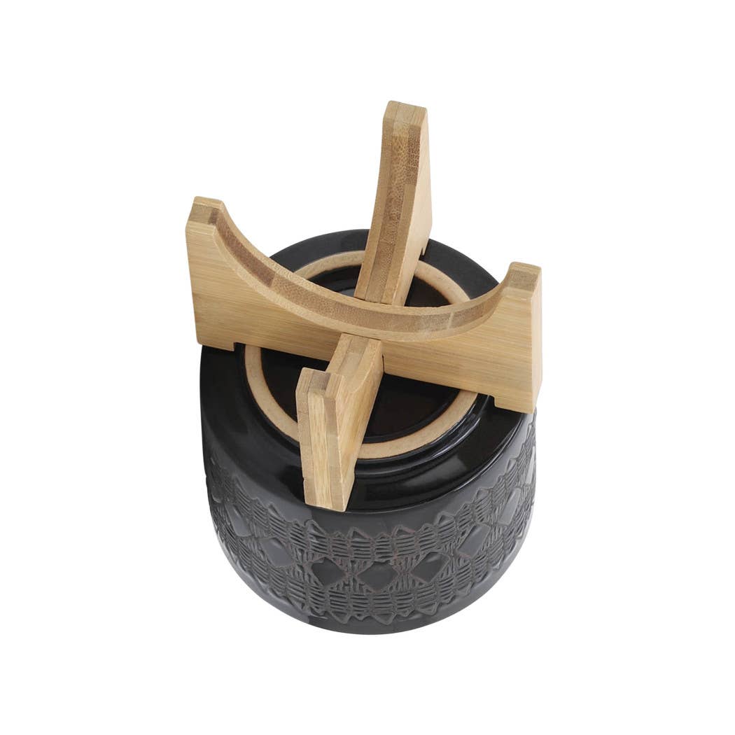 Ceramic Aztec Planter Pot on Wooden Stand - Black, 5 in.