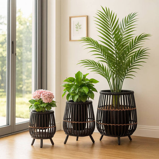 Planters Set of 3 - Black Bamboo Wood Footed, 10/14/17 in.