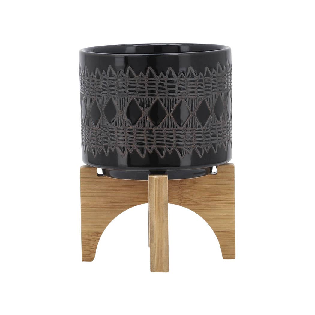 Ceramic Aztec Planter Pot on Wooden Stand - Black, 5 in.