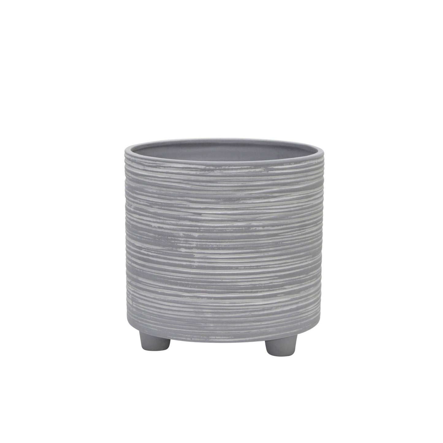 Planters Set of 2 - Gray Ceramic Footed With Lines, 6/8 in.